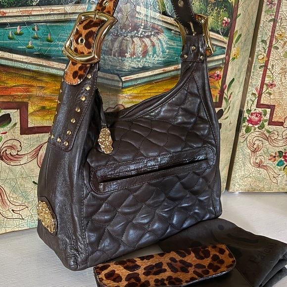 Carlos Falchi Designer Hobo Quilted Brown Handbag - Picture 2 of 16